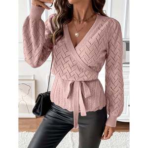 Women's Casual V-Neck <b>Long</b> <b>Sleeve</b> <b>Balloon</b> <b>Sleeve</b> <b>Cardigan</b> with Lace Trim Button Decoration Medium Gray/Black Wrap Tie Detail - Product Image 3