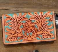 Portefeuille pour femme en cuir véritable ABC GLOBAL EXIM, fait main, avec fermeture éclair, motif floral turquoise, protection RFID, 4"H X
