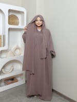 LM013 IRONFREE Abaya Larga con Capucha de Crepé, Hiyab Integrado con Bolsillos para Pañuelo, Vestido Musulmán Elegante y Modesto para Mujer, Primavera