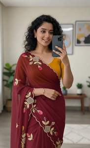 Sari en Georgette lourde pour femme, motif floral Butta avec bordure brodée Khatli, fabriqué en Inde, en stock - Product Image 5