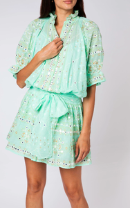 Romántico detalle menta mosaico estampado mujeres blusa vestido fácil elegancia niñas brisa bordado brillante fiesta Vestido corto - Product Image 6