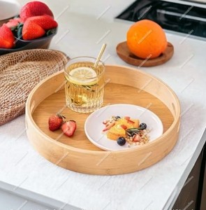 Plateau en bambou en bois de petit déjeuner fait à la main arrondi stockage de nourriture de pain en bambou de grande capacité écologique pour le comptoir de cuisine - Product Image 5