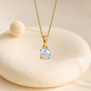 Fire White Opal Round Pendant Necklace 925 Sterling Silver 14K Gold Plated Ethiopian Opal October Birthstone Jewelry - Product Image 3