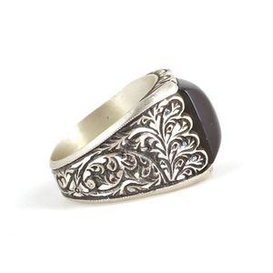925 Sterling Silver Hand-Engraved Rectangular Men's <b>Ring</b> Geometric Pattern Pressed Amber Stone Rhodium Plated for Everyday Wear - Product Image 3