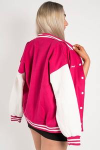 Blouson bombardier Vintage femme rose à la mode col montant personnalisé tricoté poignets déchirés fermeture à boutons Varsity tissé tissage - Product Image 5