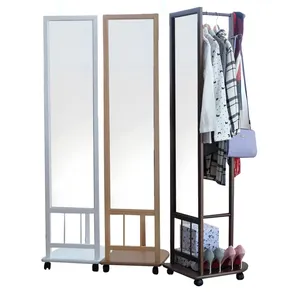 Modern <b>Standing</b> Full Mirror with Wooden Storage <b>Hanger</b> - Product Image 1