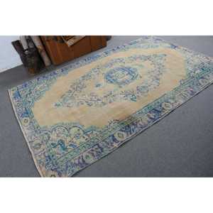 Tapis turc vintage 5,3x8,5 pieds, grand tapis oriental en laine bleu - Product Image 2