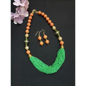Ensemble de collier de perles traditionnelles indiennes fabriquées à la main avec boucles d'oreilles bijoux ethniques multibrins verts et dorés pour femmes pour la fête - Product Image 4