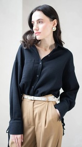 Blusa de lino negro bohemio vintage 100% algodón cuello pico transpirable y secado rápido verano ODM suministro - Product Image 3