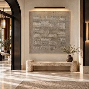 Art mural moderne, peint à la main, taupe, géométrique, abstrait, huile sur toile, lignes en relief, texturé, minimaliste, décoration pour salon, hôtel - Product Image 1