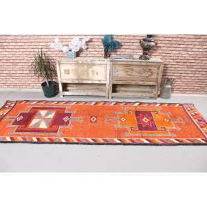 Alfombra Turca Vintage, Alfombra de Pasillo de 3.1x9.7 pies, Alfombra Floral Herki Naranja - Product Image 3