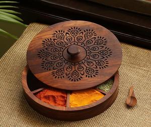 Boîte Masala en bois d'acacia de haute qualité fabriquée à la main récipient à épices rond et carré pour cuisine maison outils d'herbes et d'épices en plastique - Product Image 2