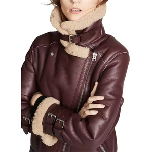 Chaqueta Bomber de Piel de Oveja con Cuello de Piel para Mujer, con Cierre de Cremallera, Antiarrugas, Impresión Personalizada, Último Diseño - Product Image 6