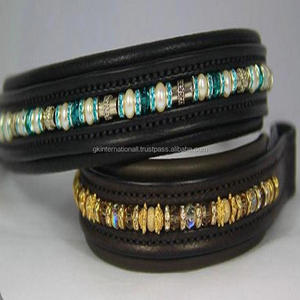 Banda de cuero de alta calidad hecha a mano para cejas de caballo, incrustación de canal vacío y relleno con perlas y cadena de piedras - Product Image 4
