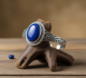 Pulsera de cuentas de plata tibetana hecha a mano, lapislázuli natural, corte ovalado, chapado en oro de 14 quilates, estilo bohemio, ajustable para hombre - Product Image 3