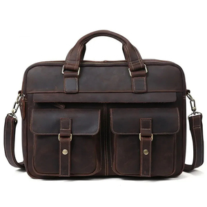 Classic Durable Protective Leather Laptop Briefcase with Shoulder Strap Large Capacity Office Bag Zipper Closure Brown - Product Image 1