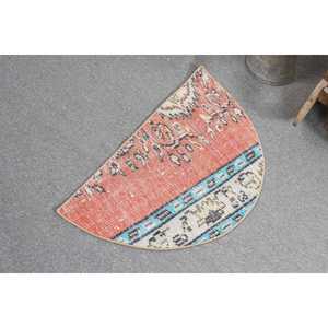 Tapis rond vintage 2,5x1,5 pi (75x45 cm), tapis turc à bordures rouges - Product Image 4