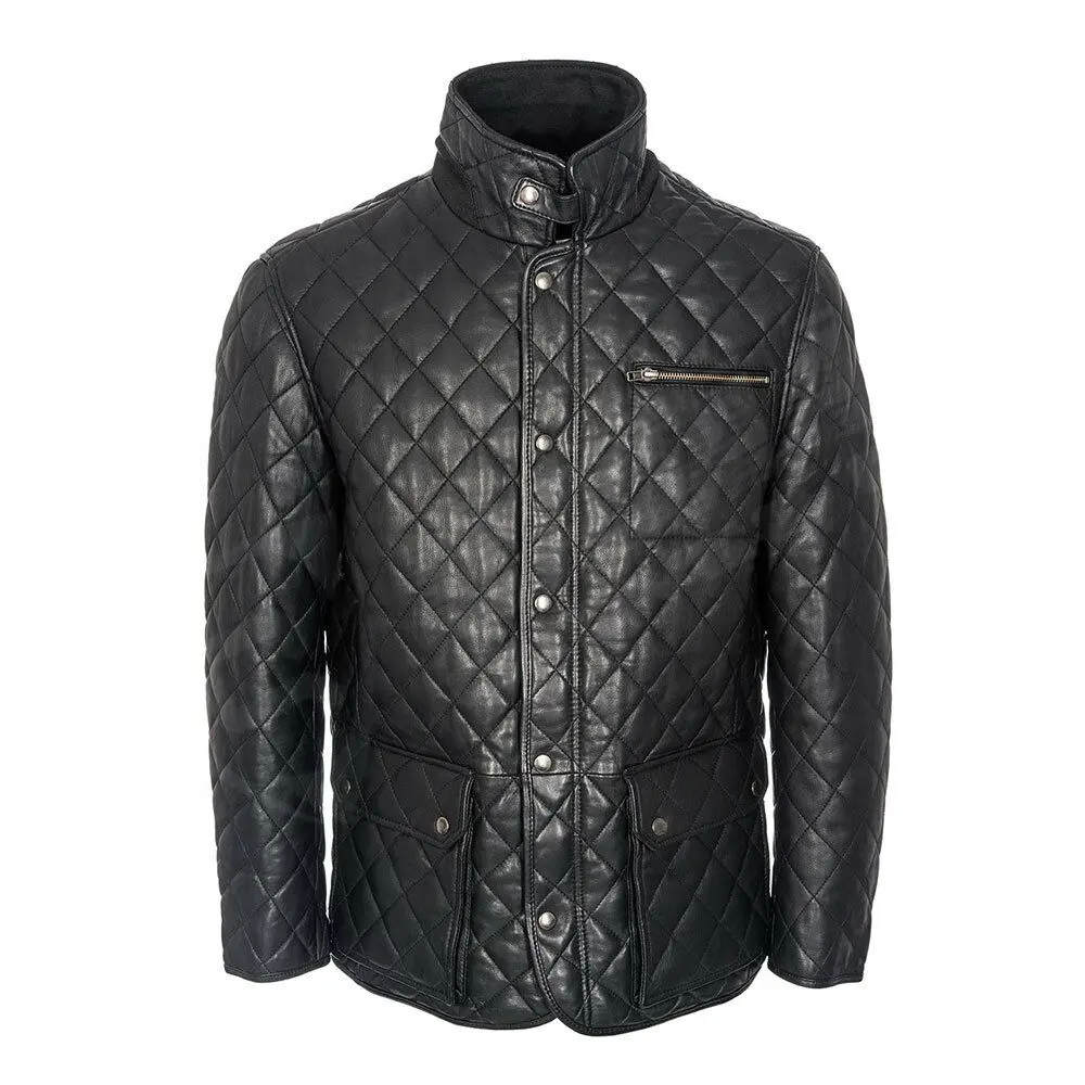 Fashion Black Genuine Leather Men's-Quilted Jackets Longed Coat Padded-Style With Customized-Sized