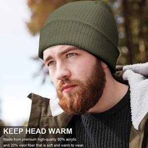 Logo Patch Beanie Bonnet en tricot acrylique vierge avec panneau de brassage rabattable pour broderie personnalisée ou insigne doublure chaude OEM en gros - Product Image 2