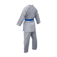 Uniforme de Taekwondo de style populaire, couleur grise avec ceinture bleue, coton et polyester, prix bas, uniforme de Taekwondo pour adultes