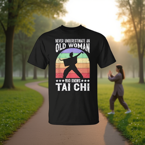 T-shirt Old Woman Who Knows Tai Chi pour femme, style vintage, noir, manches courtes, col rond, adulte - Product Image 3