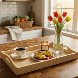 Plateau de service en bois de hêtre avec poignées 50x30 cm, finition non poncée, rebord profond, plateau de petit-déjeuner, vente en gros, logo personnalisable - Product Image 2