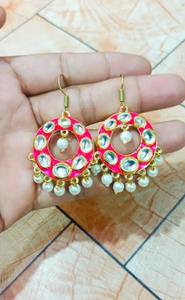 Pendientes tradicionales indios hechos a mano de Metal Meenakari Jhumka con perla de imitación Kundan piedra multicolor imitación regalo de Navidad - Product Image 3