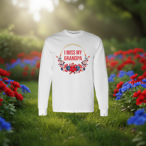 T-shirt a maniche lunghe con stampa floreale "I Miss My Grandpa" in rosso e blu, design commemorativo per la famiglia - Product Image 3
