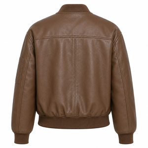 Blouson aviateur en cuir véritable marron, col montant, manches longues, poches plaquées, coupe classique pour adulte, style automne - Product Image 2