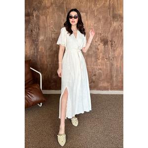 Beige Wrap-Neck <b>Muslin</b> Linen <b>Dress</b> - Beige - Product Image 2