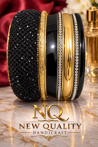 Premium Black Gold Bangle Set – Resin & Alloy <b>Stack</b> <b>Bracelets</b> with Rhinestones for Women, Trendy Fashion Jewelry Wholesale - Product Image 6