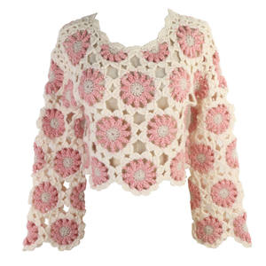 Suéter Rosa Tejido a Mano con Cuello Redondo, Diseño Floral Calado Sexy, Jersey Corto Vintage para Otoño e Invierno - Product Image 5