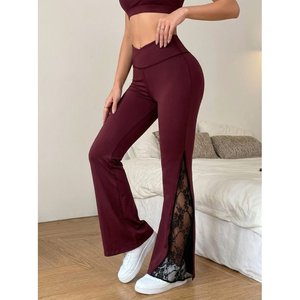 Leggings scuba taille haute pour femme avec détail en dentelle sur le côté et ourlet large, 37439 - Bourgogne - Product Image 4