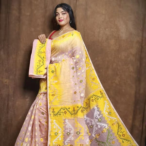 Sari Khadi con estampado de bloques para mujer, Sari tradicional hecho a mano amarillo granate, sari de algodón Khadi amarillo ligero - Product Image 1