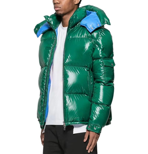 Trend High Shine Green Puffer Jacket Contrast Blue Collar Maximum <b>Waterproof</b> Bubble <b>Coat</b> Down Fill Wholesale Rate Men Jackets - Product Image 2