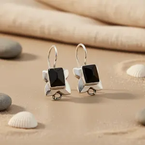 Boucles d'oreilles pendantes en argent 925 avec onyx pour femmes, bijoux de mode pour tous les jours - Product Image 1