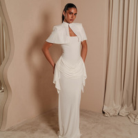 Robe longue blanche à col carré pour femme avec cape assortie, robe de soirée sans manches drapée
