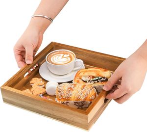 Élégant plateau de service en bois d'acacia personnalisé Décoration intérieure rectangulaire avec rangement des aliments Conteneur de table à manger et poignées de plateau - Product Image 6
