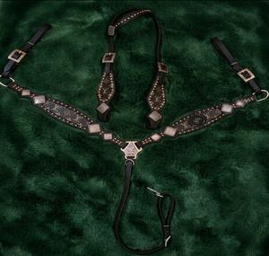 Western horse <b>leather</b> breastplate chest collar tack turquoise concho studded bead <b>harness</b> adjustable riding halter gear - Product Image 2