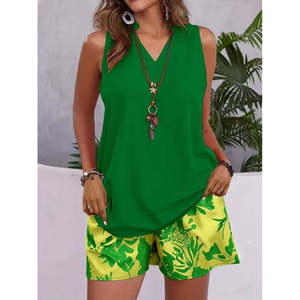 Women'<b>s</b> Strappy V-Neck Sandy <b>Blouse</b> <b>and</b> Patterned Shorts Two-Piece Set, 37823 - Green - Product Image 3