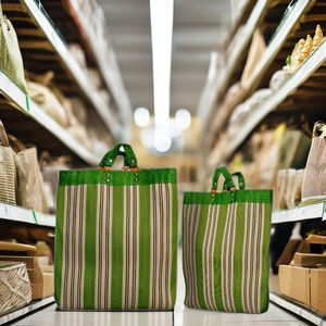 Sac à provisions en nylon réutilisable écologique avec fermeture à glissière RPET Sacs de plage en plastique recyclé à rayures tissés fabriqués en Inde - Product Image 1