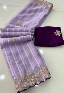 Sari de fête moderne de style contemporain, en mousseline de soie géorgette, avec bordure fantaisie de la même couleur, fausse fourrure, broderie multi-sequences, couleur vive - Product Image 2