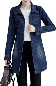 Veste en jean longue confortable d'inspiration rétro pour femmes tenues en jean vieilli pour le printemps automne hiver vêtements d'extérieur de style formel - Product Image 4