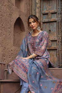 เสื้อแขนสามส่วนคอกลมทรงตรงพิมพ์ลายดอกไม้สีเทากับกางเกงสีพื้นและผ้าไหมศิลปะผ้าไหม dupatta แขนสามส่วนมี2กระเป๋า - Product Image 4