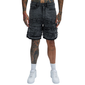 <b>Mens</b> <b>Black</b> Washed Denim <b>Shorts</b> Heavy Distressed Frayed Layered Detail Casual Streetwear Relaxed Fit Summer Fashion 100% Cotton - Product Image 1