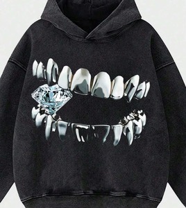 Sudadera con capucha para hombre con estampado de dientes personalizado Loose Fit Drop Shoulder Streetwear Vibes para la comodidad diaria - Product Image 3