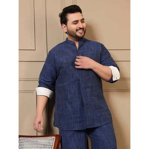 Chemise décontractée pour homme Amanush, bleu marine, en coton texturé à carreaux, grande taille, avec col mandarin, manches longues, coupe ample - Product Image 1