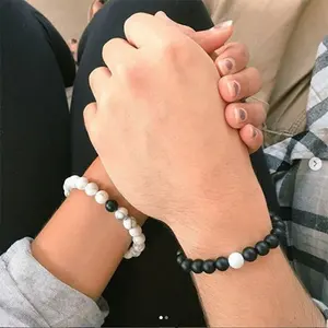 Bracelet en perles de marbre noir et blanc, Bracelet en pierre de marbre de lave, Bracelet en perles de pierres précieuses en marbre blanc - Product Image 6