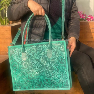 กระเป๋าหนังสะพายข้างสำหรับผู้หญิง, กระเป๋าหนังแท้แฟชั่นสุดหรูสะพายไหล่ลายดอกไม้สีเทอร์ควอยซ์ - Product Image 3