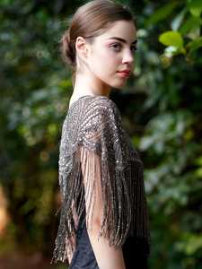 Elegant Anti-Static Ladies Organza Evening Dress with Beaded <b>Cape</b> & Embroidered Pearls Crystal for Prom Club Breathable Stylish - Product Image 5